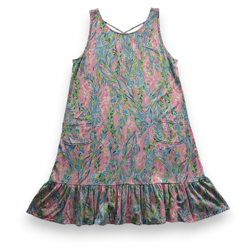Lilly Pulitzer Pink Blue Paisley Jersey Ruffle Hem Pocket Shift Dress Womens M